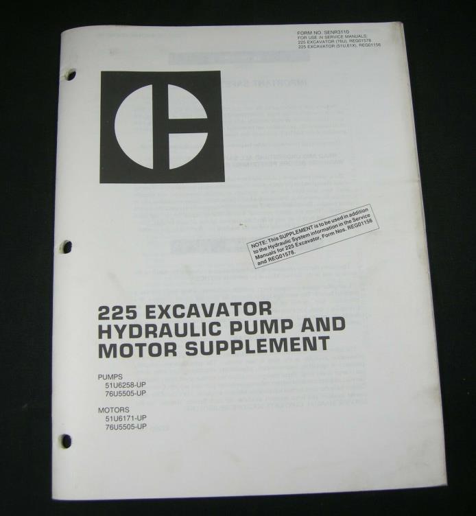 CAT Caterpillar 225 Excavator Hydraulic Pump & Motor For Service Manual Book