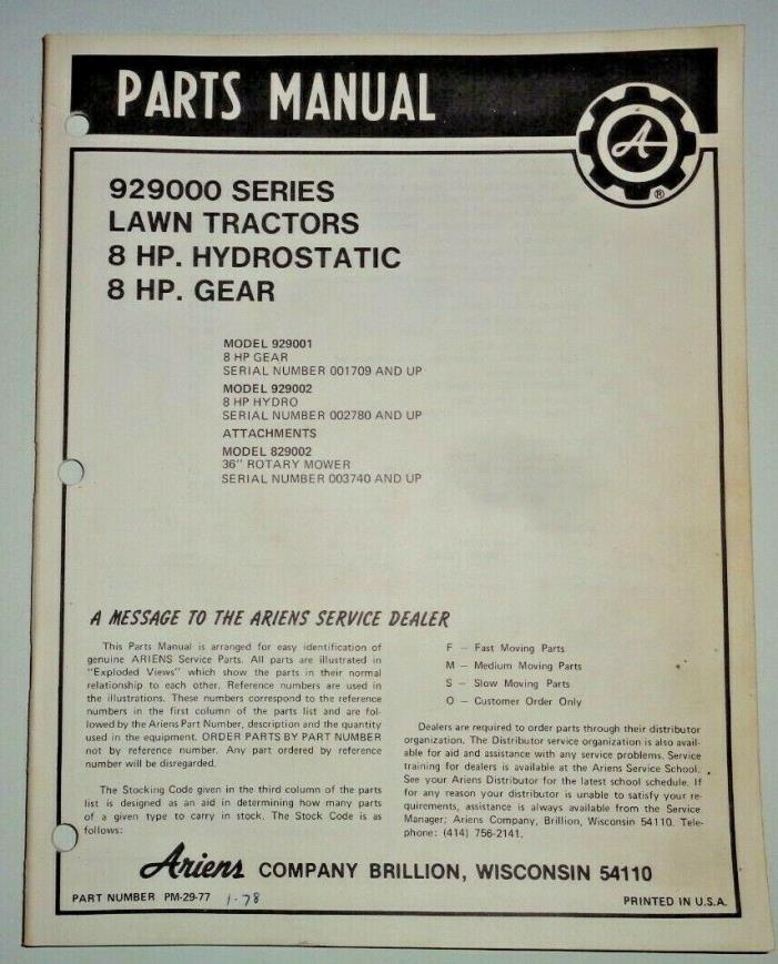 Ariens 8 HP Gear & Hydro Lawn Tractor Parts Catalog Manual Model 929001 & 929002