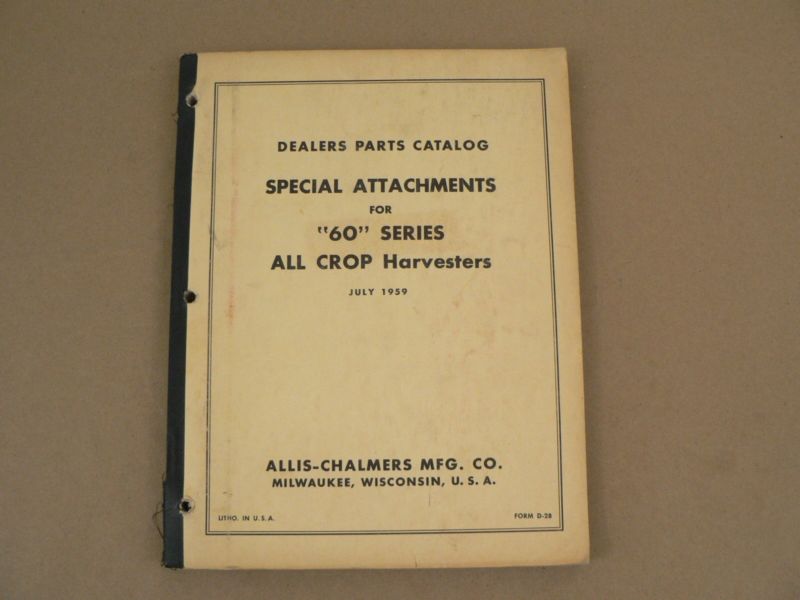 Allis Chalmers Dealers Parts Catalog Attachments 60 Series Harvesters 1959