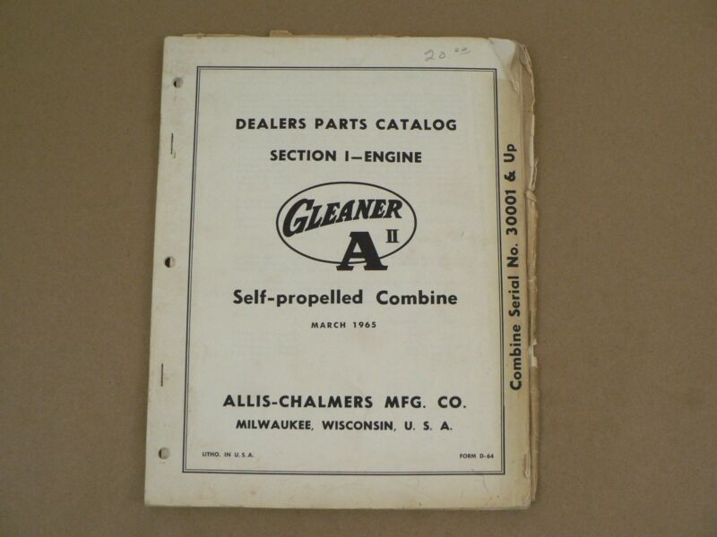 Allis Chalmers Dealers Parts Catalog Engine Gleaner A2 1965 Serial #30001 & Up