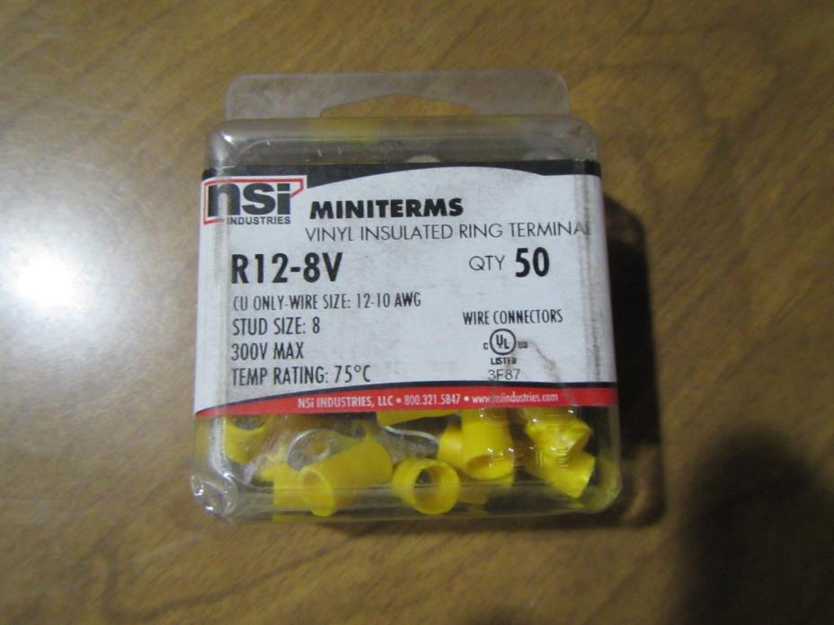 Pack of 50 NEW NSI R12-8V VINYL INSULATED RING TERMINALS 12-10 AWG, #8 Stud