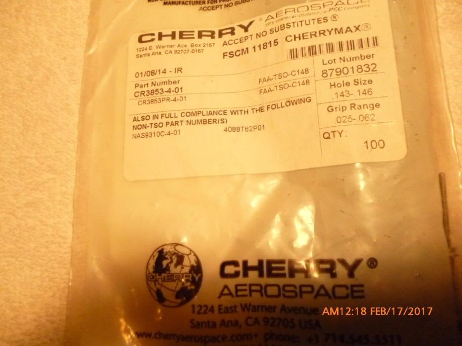 100 Cherry MAX Rivets, monel, CR3853-4-1,, new, 100 per bag