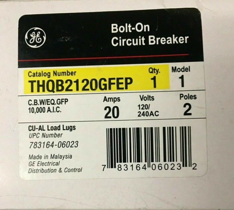 GE THQB2120GFEP 2 Pole 20 Amp gfi equipment protection 30 ma Circuit Breaker