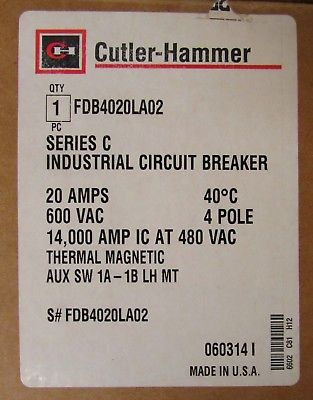 CUTLER HAMMER FDB4020LA02 20 Amp 4 Pole FDB Breaker 1A 1B Auxiliary FDB4020