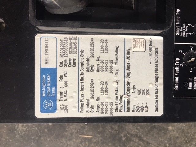 Westinghouse NCG31200F Circuit Breaker, 1200 Amp, Ground Fault, NC31200F, Used