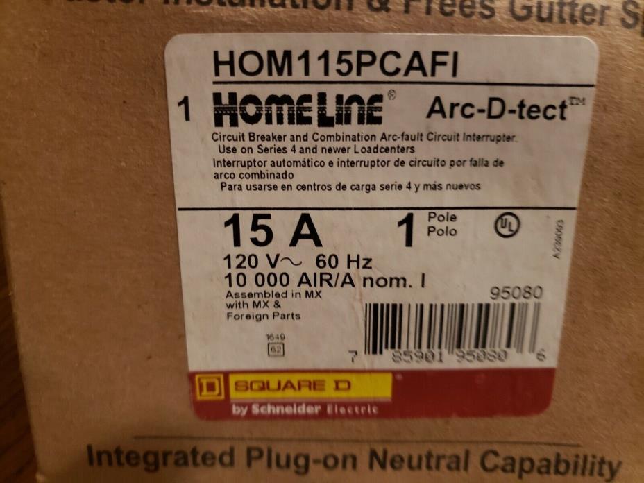 (5) Square D Homeline 15amp combination arc fault breakers with plug on neutral