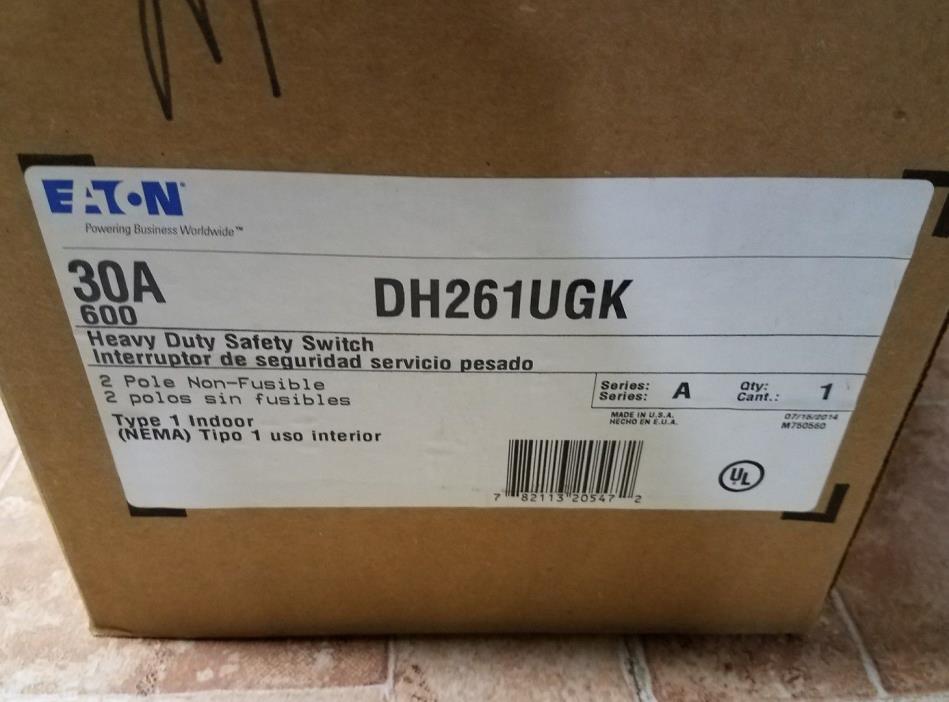 Eaton Cutler Hammer DH261UGK Heavy Duty Safety Switch 600V 30A 2 Pole Non-Fuse