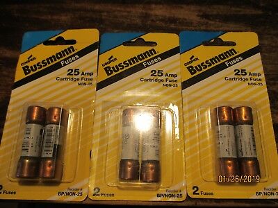 3 Pks (6 fuses) Bussmann BP/NON-25 25A Cartridge Fuse circuit protection New  !