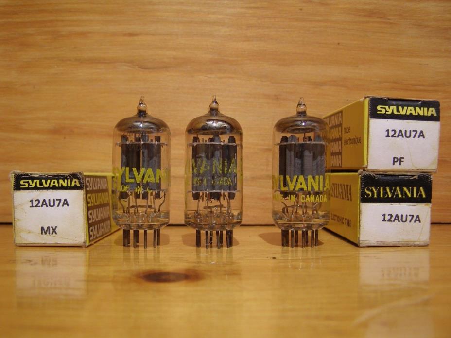 LOT OF THREE SYLVANIA 12AU7A VACUUM TUBES (TWIN TRIODES) TWO MATCH. CANADA MADE