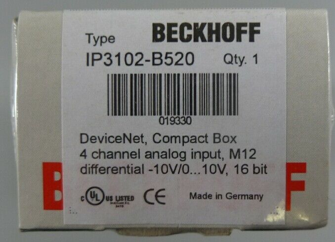 Beckhoff IP3102-B520 DeviceNet Compact Box 4 Channel Analog Input M12 - New