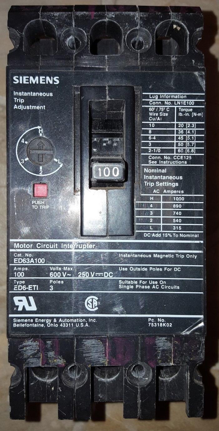 SIEMENS ED63A100 MOTOR CIRCUIT BREAKER INTERRUPTER 3 POLE 100A - USED