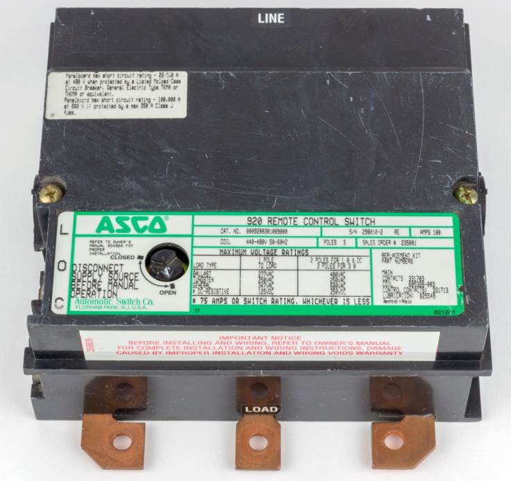 Asco 920 0009200301009000 Remote Control Switch 3 Pole 100 Amps Coil 440V/480V