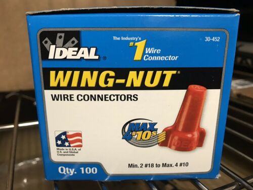 Box of 100 IDEAL 30-452 Twist On Wing-Nut Wire Connector, (2) #18 to (4) #10