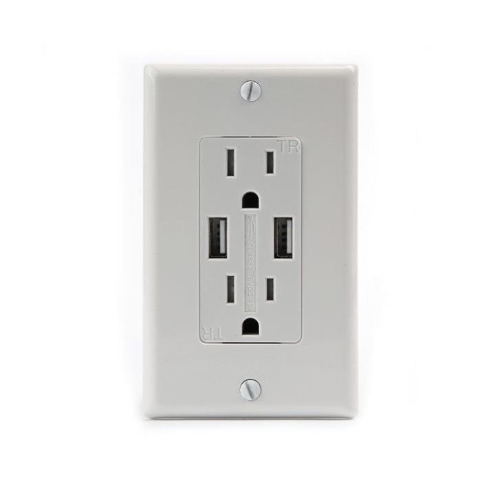 New White Dual USB Charger Receptacle 15A (Lot of 10)