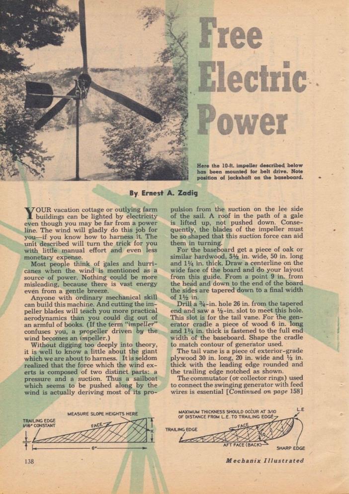 1951 Build Your Own Wind Turbine 3 Page Magazine Article