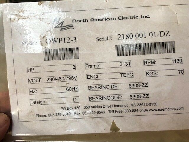 North American Electric Inc 3HP 3 Phase Electric Motor