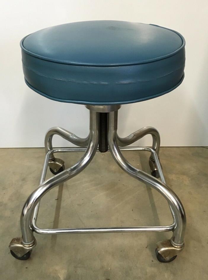 Vintage Rolling Medical Exam Stool - E.F. Brewer Company - Blue & Chrome - Cool