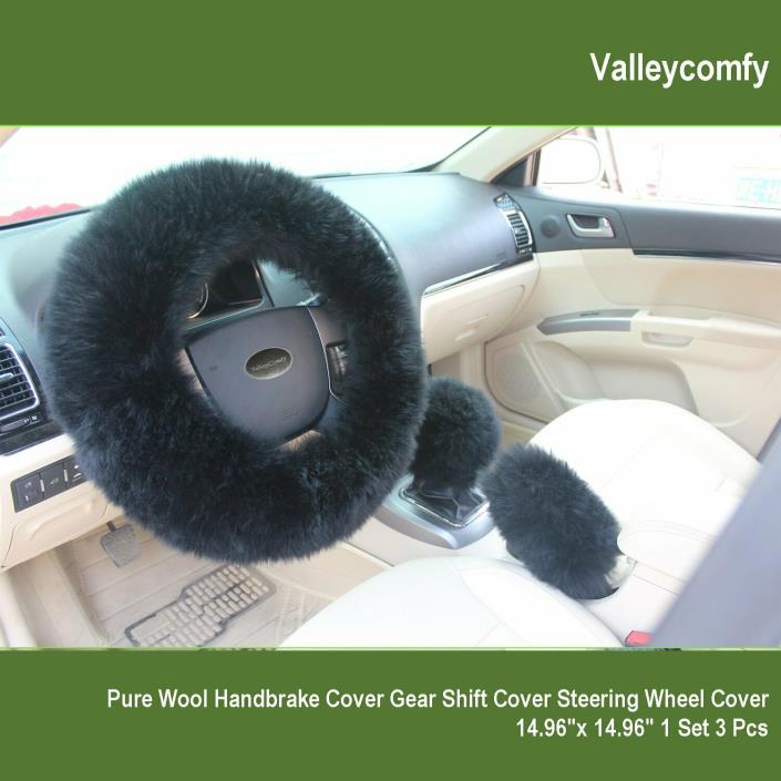 Soft Fluffy Plush Car Steering Wheel Cover Gear Shift Black Australian Wool 3pcs