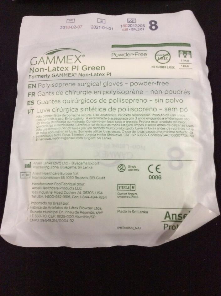 Ansell Gammex Non-Latex PI Green Surgical Gloves Sz 8 Exp 01/21 25 Pairs