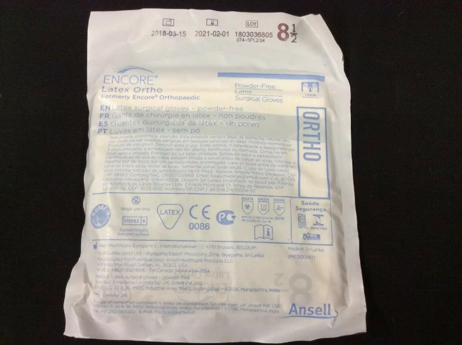 Ansell 5788006 Encore Latex Ortho Surgical Gloves Sz 8.5 Exp 02/21 - 25 Pairs