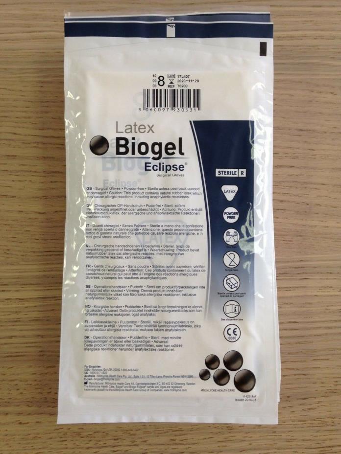 Molnlycke 75280 Latex Biogel Eclipse Gloves Size 8 10/Pack