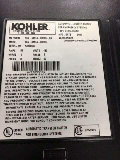 Kohler KSS-DMTA-0080S Transfer Switch, 80A, 480V, 4 Wire, 3 Phase, 3 Pole, 60Hz