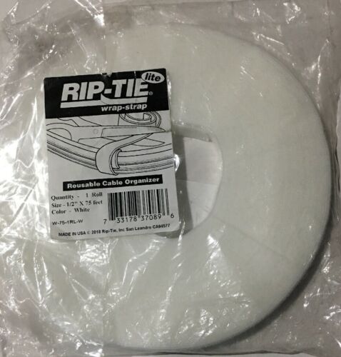 RIP-TIE Wrap Strap Reusable Cable Organizer. 1/2”x75’. White Color. Made In USA