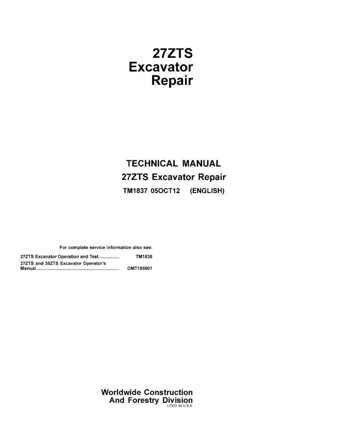 JD John Deere 27ZTS Excavator Repair SERVICE REPAIR MANUAL TM1837  CD
