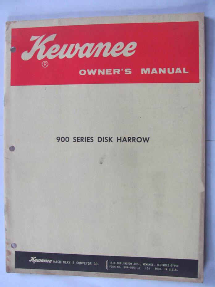 Kewanee model 900 Series Disk Harrow Owners  Manual