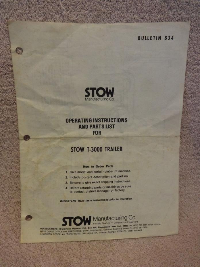 STOW T-3000 ROLLER TRAILER OPERATING AND PARTS LIST MANUAL