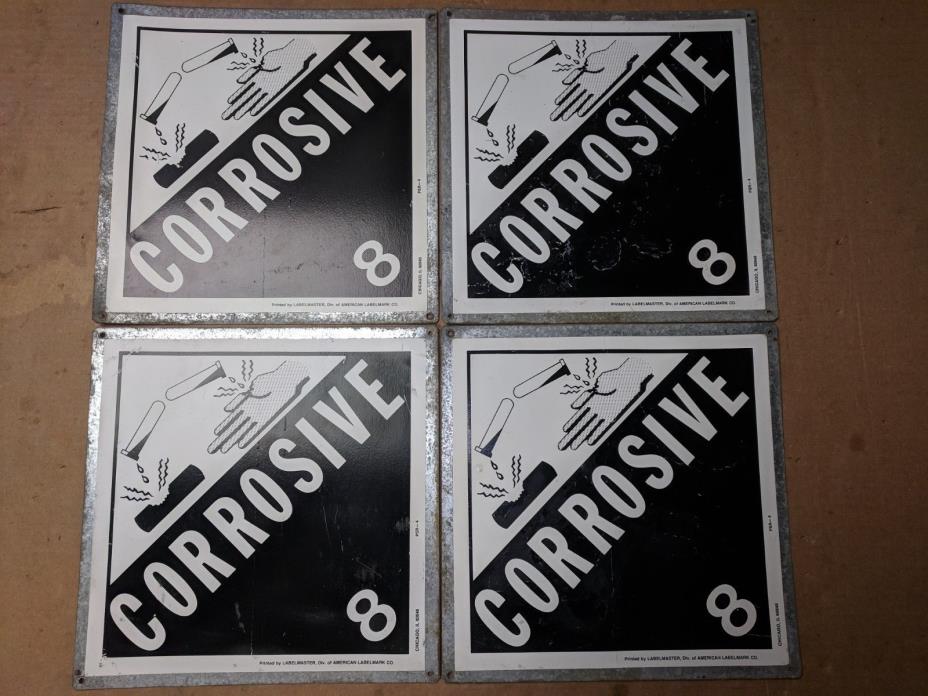 Vintage LOT 4 LabelMaster CORROSIVE 8 Galvanized Metal SIGNS Placard Hazardous
