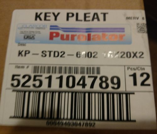 New Box Lot / Pack of 12 Purolator Key Pleat Pleated Filter 16 x 20 x 2