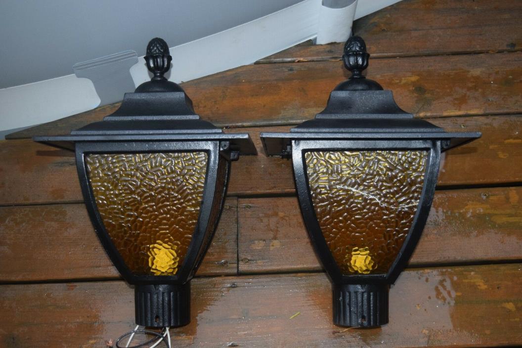 Pair of Vintage Outdoor Post Mount pole amber glass Cast Iron lamps