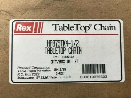 Rex Chain Rexnord Acetal Table Top Chain HP879TK4-1/2 10 Feet New Condition