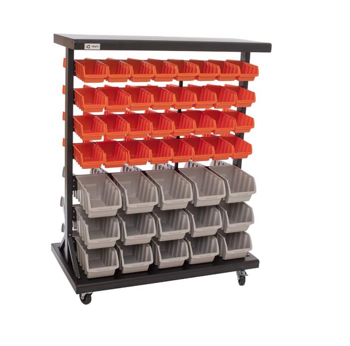 Dual Sided 7 Tier Mobile Bin Rack Storage Garage Organizer Plastic Baskets Stand