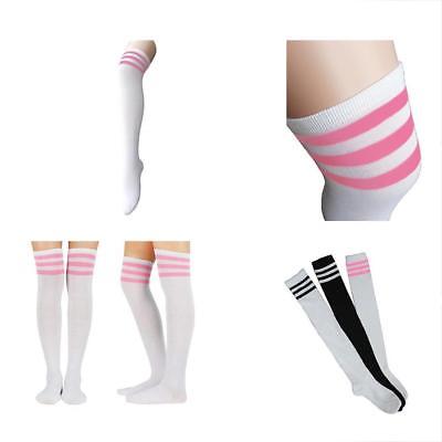 Zando Women Thin Stripes Tube Thigh High Tights Over Knee Socks E White Pink