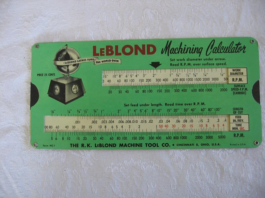 Vintage 1949 Cincinnati LeBlond Machining Tool Calculator