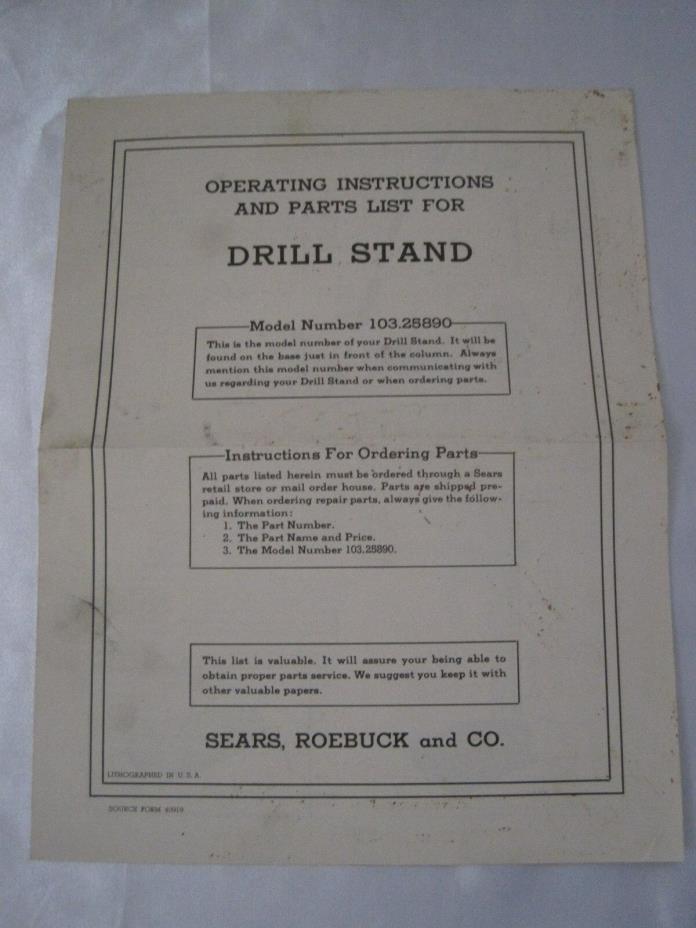 Vintage Sears Roebuck Drill Stand Operating Instructions and Parts List