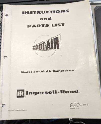 Ingersoll Rand Spot-Air 3-R-36 Air compressor Instruction & Please Manual NOS