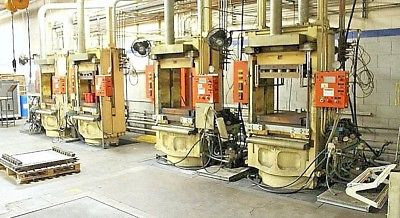 BANK OF 4 FRENCH OIL 452 TON SS HYDRAULIC RUBBER MOLDING POST PRESSES