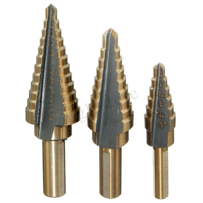 3Pc HSS Spiral Step Grooved 3/16-1/2,1/4-3/4,3/16-7/8 Drill Bit Hole Cone Cutter