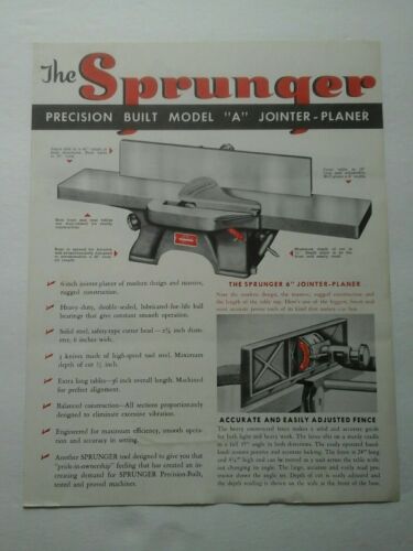 Sprunger Model A Jointer planer brochure specs, Woodworking tool