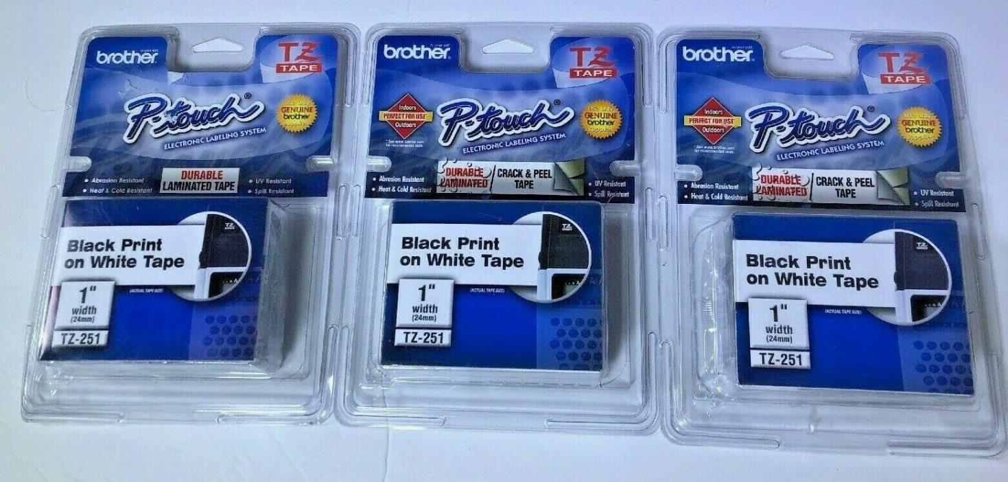 3X LOT 24mm 1'' Tz 251 TZ251 Black on White Label Tape For Brother P-touch NEW