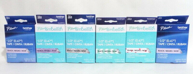 (6) Brother P-Touch Embellish Label Tape Black Ink Hearts Chevron Purple Floral