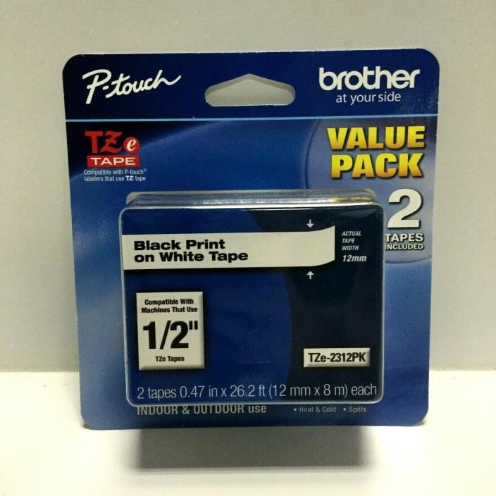 Brother 2 Pack TZe-2312PK Laminated P-Touch Black Print on White Tape