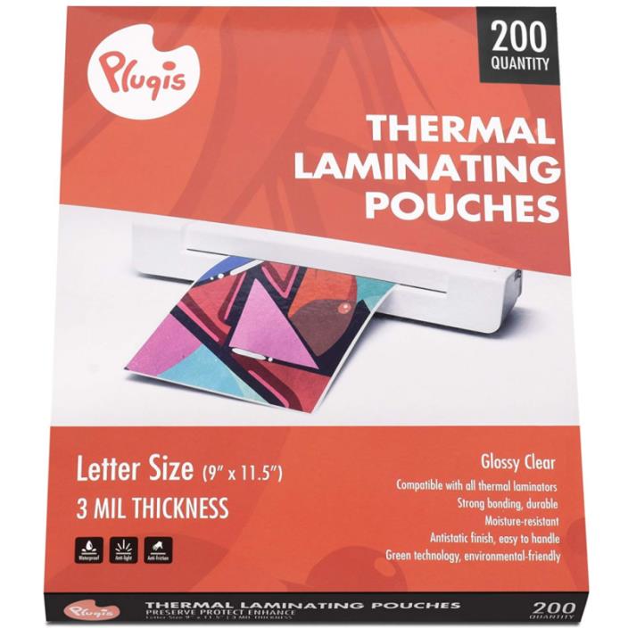 Pluqis Thermal Laminating Pouches Letter Size 9 x 11.5 Inch, Clear 3 Mil, 200 Sh