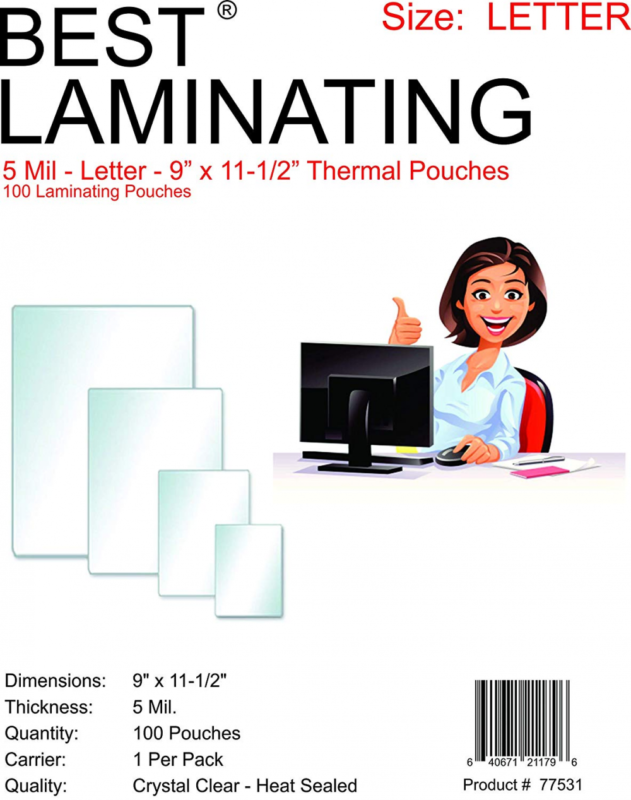 Best Laminating - 5 Mil Clear Letter Size Thermal Pouches - 9 X 11.5 - Qty 100