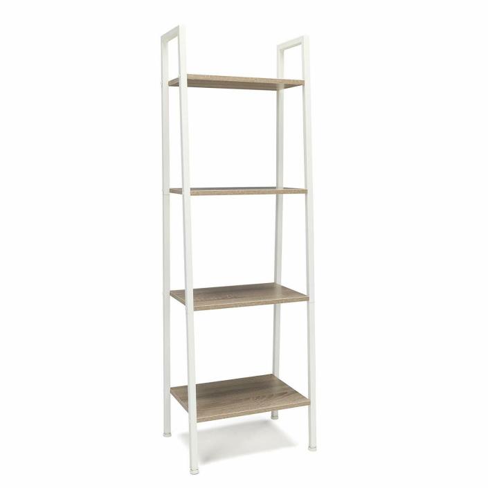 Modern Design Standing Ladder Bookshelf w/ White Metal Frame and Natural Shelf