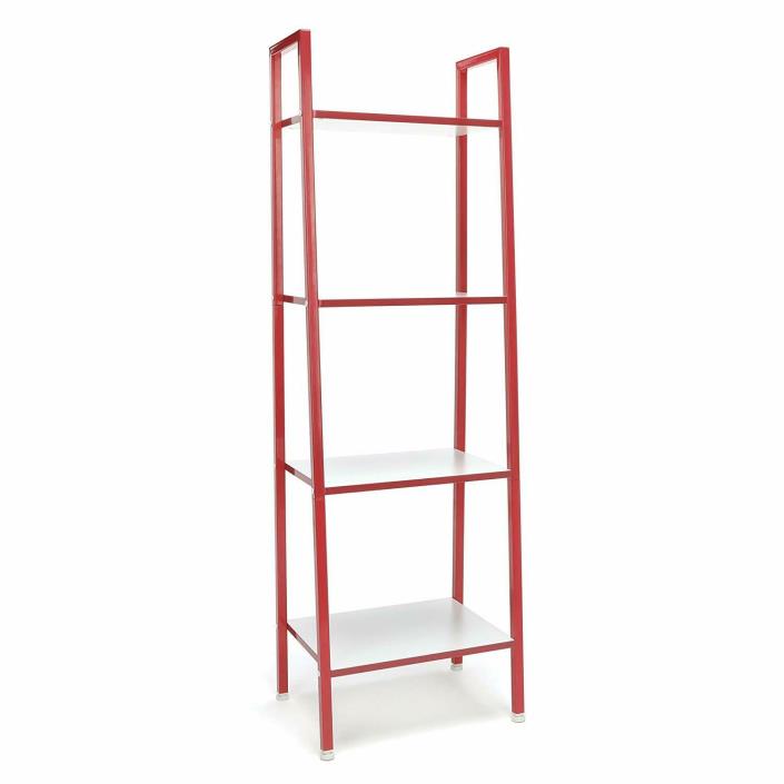 Modern Design Standing Ladder Bookshelf with Red Metal Frame and White Shelf