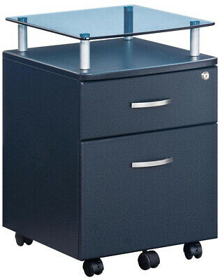 Graphite Rolling File Cabinet w/ Glass Top Home Office Storage Drawers Table